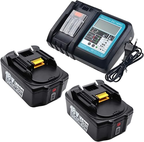 Batteria Per Makita 18V 5 Ah con caricatore DC18RC, compatibile con Makita 18 V, BL1850, BL1840, BL1830, BL1820, BL1815, BL1860, con 2 batterie di ricambio da 18 V, 5,0 Ah, BL1850B - Honorern