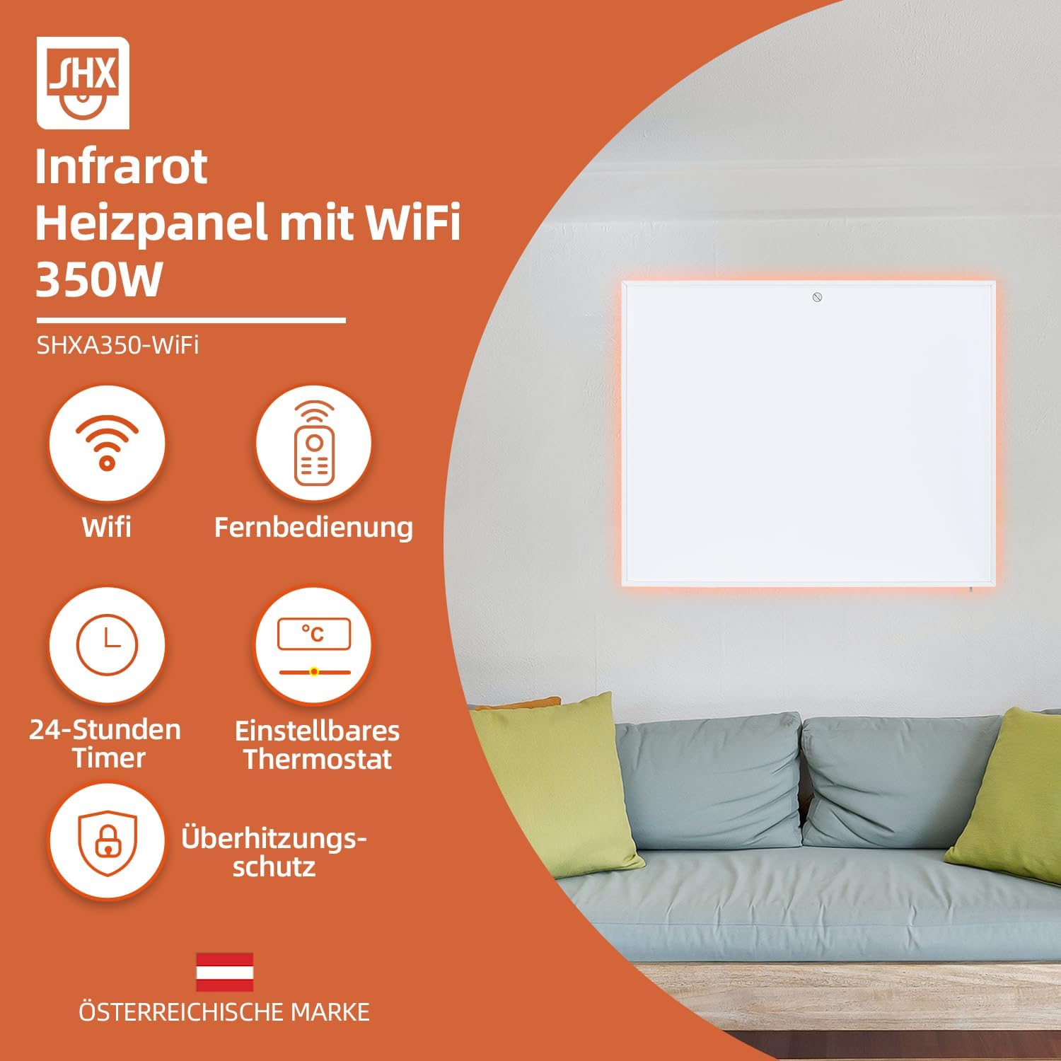 Pannello Riscaldante a Infrarossi Con WiFi 700 W SHXA700 - 7-14 m², Montaggio a Parete, Telecomando, Bianco - Honorern