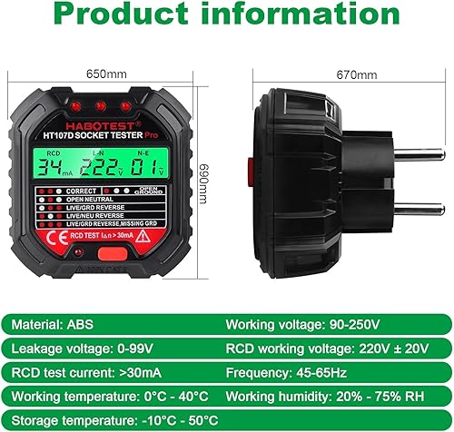 Tester de Prese,Tester Prese Elettriche con Test RCD e Display LCD test presa elettrica 6 tipi Diagnosi dei Guasti,Tensione 90-250 V/CAT.II 300V (EU Plug) - Honorern