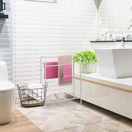 Relaxdays Portasciugamani da Terra con Ripiano, Portasalviette 3 Bracci, Autoportante, 78x63x26,5 cm, Acciaio, Argentato - Honorern