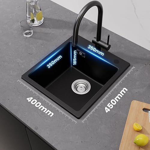 Lavello da cucina in granito, nero, 45 x 44 x 20 cm, rettangolare, senza foro per rubinetto, 1 vasca, lavello da cucina moderno, lavabo per cucina - Honorern