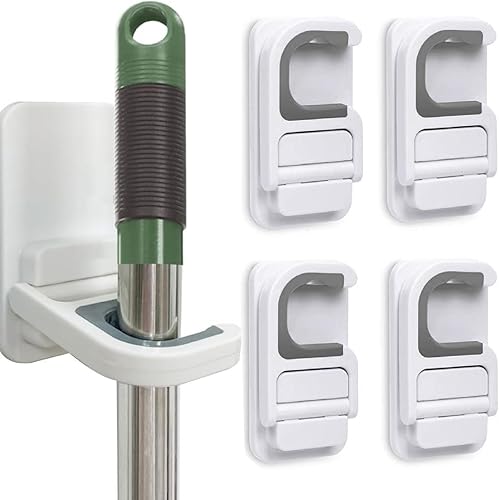 Supporto per scopa e mocio, 4 pezzi, forte autoadesivo, organizer da parete, per bagno, cucina, giardino - Honorern