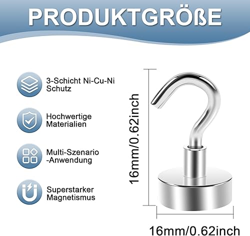 8 Pezzi Ganci Magnetici 20mm, Gancio Magnetico Magneti al Neodimio Con Gancio Con Occhielli Rotondi Ganci MagneticiPer Frigorifero Da Cucina, Campeggio, Soffitto, Griglia, Ufficio - Honorern