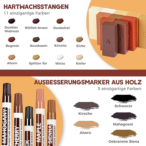 Kit Riparazione Parquet,Stucco per legno, 24 pezzi Kit riparazione porte in Legno con nuovo strumento di fusione aggiornato, bastoncini di cera per riparazioni a 11 colori parquet ripara graffi - Honorern