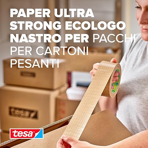 tesapack PAPER ULTRA STRONG ecoLogo, Nastro per pacchi extra forte rinforzato con fibra di vetro, in carta riciclabile prodotta con materie prime certificate FSC, 25 m x 50 mm - Honorern