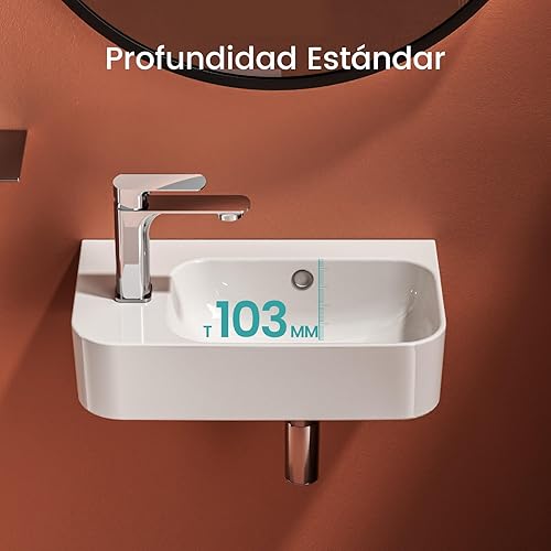 EMKE Lavabo sospeso 365 x 180 x 90 mm – Lavandino compatto ed elegante per piccoli bagni e WC degli ospiti – Rubinetto a destra, installazione a parete, bianco brillante - Honorern