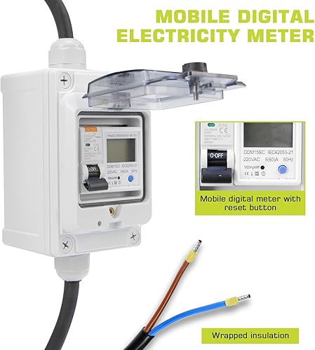 Contatore Elettrico, Misuratore di Consumo Elettrico con RCBO/Reset, IP67 Impermeabile Contatore Elettrico Digitale Mobile, 2,5 mm² Cavo per Barca/Camper - Honorern