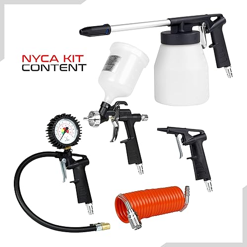Kit Accessori Aria Compressa NYCA con Pistola Soffiaggio, Manometro Pressione Gonfiaggio Gomme, Aerografo Verniciatura, Pistola Lavaggio e Tubo Spirale 4m - Honorern