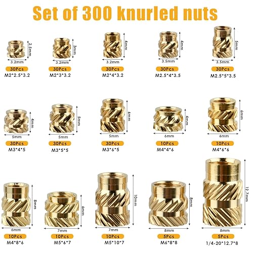 BUYGOO 300PZ Dado Inserto Filettato M2/M2.5/M3/M4/M5/M6 Dadi Zigrinati con Filettatura Femmina Boccola Filettate in Ottone per Parti Plastica Calore o dagli Ultrasuoni Nelle Parti Della Stampante 3D - Honorern