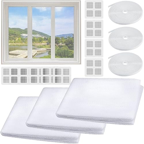 3 Rotoli Zanzariera per Finestre 1,3*1,5m con 3 Nastri Autoadesivi e 10 Riparazione per Zanzariere Zanzariera per Finestre a Rete per Bloccare Insetti Zanzare Mosche ed Altri Insetti, Bianco - Honorern