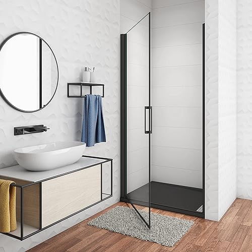 Porta doccia battente per nicchia vetro trasparente anticalcare 8mm telai nero opaco doccia a filo pavimento 90x200cm - Honorern
