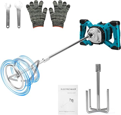 Agitatore per malta a batteria, compatibile con batteria Makita, 3200 W, senza brushless, mescolatore per calcestruzzo, con 2 aste di miscelazione (trasmissione a 6 marce, max 680r/min, senza - Honorern