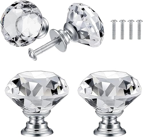 4 Pezzi Pomelli di Cristallo, Pomelli Maniglie Trasparente per Mobili da Cucina, Cristalli Maniglia per Mobile Bagno Cassetti Cassettiera Armadio Ante Cucina Pomelli - 30mm - Honorern