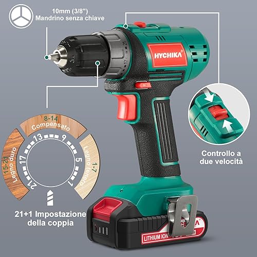 HYCHIKA Trapano Avvitatore 18V, Trapani Combinati Azionatore a percussione a Impulsi 160Nm, 2,0Ah Batteria, Borsa di Stoccaggio e 22 Accessori Inclusi - Honorern