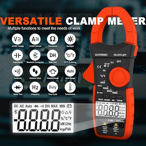 Misuratore a pinza digitale, amperometro AC DC TRMS 4000 conteggi, tester di gamma automatica GR-570T-APP con APP mobile Misura tensione e corrente Resistenza/Capacitanza/Temperatura/Continuità/Diodi - Honorern