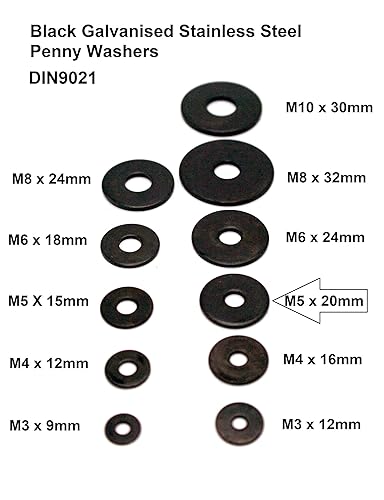 10 rondelle Penny in acciaio inox nero zincato, M3 M4 M5 M6 M8 M10 DIN9021 (M5 x 20 mm x 1,4 mm di spessore) - Honorern