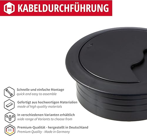 Gedotec Passacavo nero opaco | TAVOLA | Prese per cavi wireless rotonde | Foratura passacavi in plastica PA Ø 80 mm | Instradamento dei cavi a pressione | Canale da scrivania - uscita cavo | 2 Pezzi - Honorern