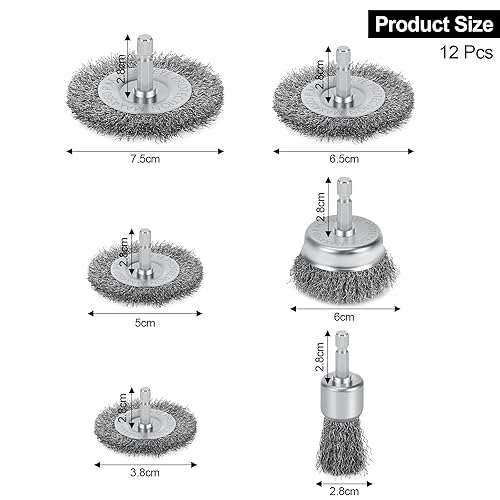 12 Pezzi Spazzole Metalliche per Trapano, Spazzola di Ferro con Codolo da 1/4 di, Spazzola Acciaio per Trapano per Rimozione di Ruggine Vernice Corrosione Lucidatura - Honorern