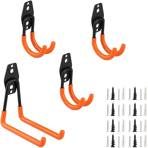Ganci da garage, ganci in metallo, gancio per bici a parete, confezione da 4 (3 circolari, 1 quadrato), adatti per biciclette, attrezzi elettrici, scale (Arancione) - Honorern