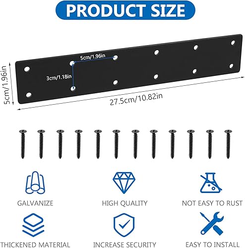 4 piastre di giunzione piatte, piastre di collegamento piatte, piastre perforate in metallo con 12 fori, staffe dritte nere resistenti per il fissaggio di connettori in legno – 27,9 x 5,1 cm - Honorern