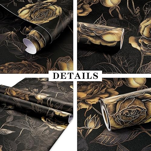 Nera e Oro Carta Da Parati Autoadesiva Muro Floreale 44.5cm×7m Carta Adesiva Mobili Fantasia Carta Parati Camera Matrimoniale Carta Da Parati Foglie Tropicali Adesivi per Mobili Porte - Honorern
