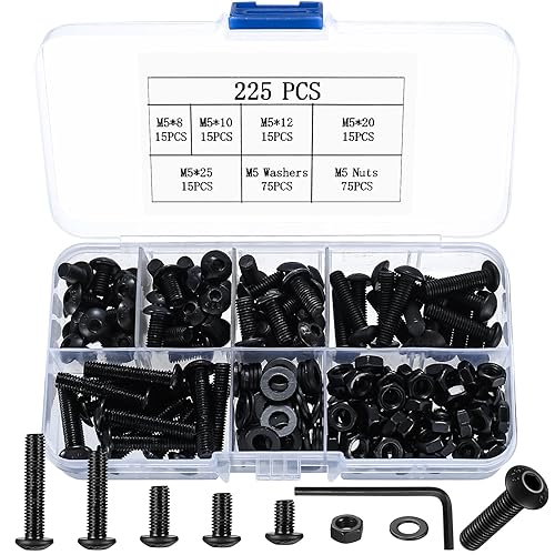 225 Pz Kit di Bulloni e Dadi, M5 Set di Viti a Testa Cilindrica con Esagono Incassato e Dadi e Rondelle, Vite a Testa Esagonale Incassato, Bulloni Viti a Testa Bottone Brugola Kit, Nero - Honorern