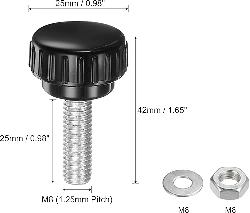 4 Set M8 x 25mm Manopole Zigrinate Filettatura Maschio Viti Testa Zigrinata Dadi Rondelle, Impugnatura Manopola Bloccaggio 25mm Manopole Testa Plastica Viti Testa Zigrinata, Nero - Honorern