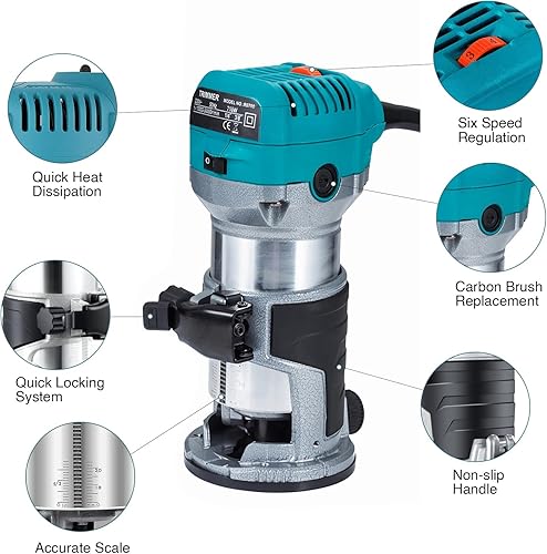 Fresa a mano per legno, fresa multifunzione, 710 W + 15 pezzi, fresa in metallo duro da 6,35 mm - Honorern