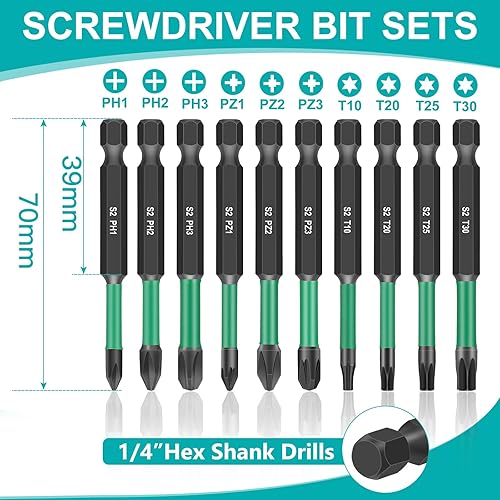 10 x 70mm Bit di Cacciavite Magnetico Lungo con Manico del Cacciavite, 1/4' Hex Shaft con Torx, Phillips, Pozidriv, per Cacciaviti Elettrici e Manuali - Honorern