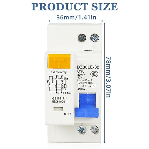 Interruttore di protezione Fi, 16 A, AC 230 V, 30 mA C16 1P+N, interruttore FI/LS, interruttore di sicurezza, montaggio su guida DIN, protezione da sovraccarico, protezione da sovraccarico, protezione - Honorern
