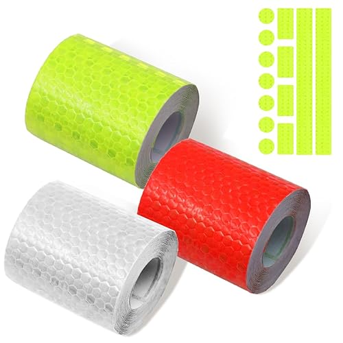 3 Rotoli Nastro Catarifrangente Adesivo e 13 Adesivi Nastro Riflettente Adesivo 3 Cm X 300 Cm Nastro Adesivo Catarifrangente Adesivo per Camion Rimorchi Auto Moto Bici, Rosso, Giallo, Bianco - Honorern