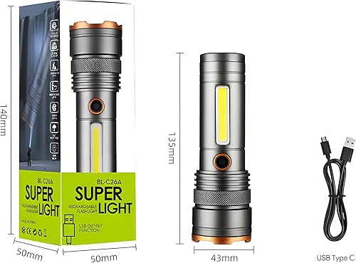 Torcia a LED in alluminio, estremamente luminosa, ricaricabile USB-C, mini torcia zoomabile con 4 modalità di luce, impermeabile e utilizzabile anche come power bank, perfetta per campeggio, - Honorern