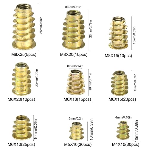 Inserto Filettato 155 Pezzi Boccole Filettate per Legno Inserti Filettati M4 M5 M6 M8 Inserti a Vite di Strumenti Assortimento per Noci per Mobili in Legno - Honorern