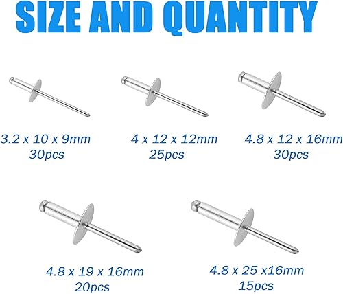 Rivetti pop, 120 pezzi, 5 misure, con flangia grande, in alluminio, kit assortito (nero) - Honorern