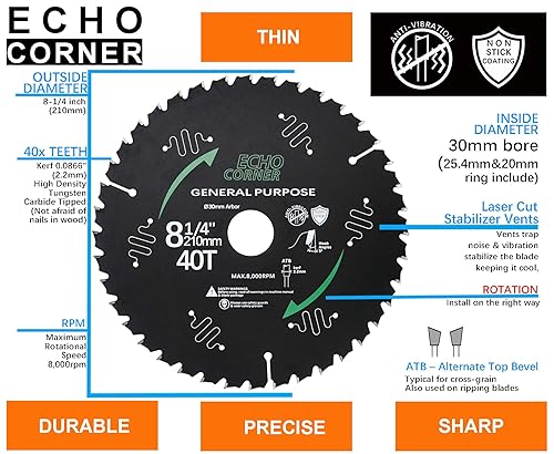 Lama per sega circolare in legno, 210 mm x 30 mm x 40 denti, per taglio rapido, telaio in legno duro, legno duro, laminato, impiallacciato, compensato MDF, plastica, 210 x 30 cm, per legno - Honorern