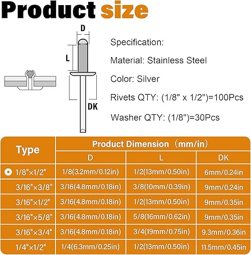 130 Pezzi 3,2 x 12,7mm Rivetti Ciechi in Acciaio Inox con Rondella Rivette Pop con Estremità Aperta Rivetto con Testa a Cupola Ribattini - Honorern