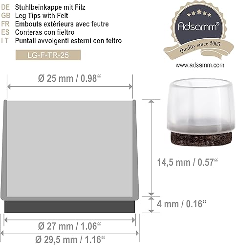 Adsamm® / 16 x puntali avvolgenti esterni con feltro / trasparenti / Ø 24 - 25 mm / tondi / piedini in EVA con base in feltro per gambe di mobili tonde / puntali protettivi per arredi Adsamm® Quality - Honorern