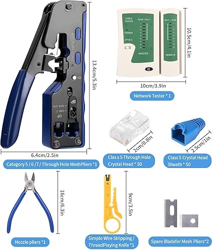 Set di pinze a crimpare RJ45 Pinze a pressare per pinze a crimpare RJ45 con tester di rete, connettori da 50 pezzi, spelafili per set di strumenti di rete 8P RJ45 Cat6 Cat5 Cat7 - Honorern