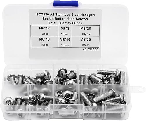 Oumefar Vite a esagono incassato 60 pezzi M6 304 in acciaio inox a testa bombata Viti a esagono incassato Kit assortimento di elementi di fissaggio con scatola di immagazzinaggio - Honorern
