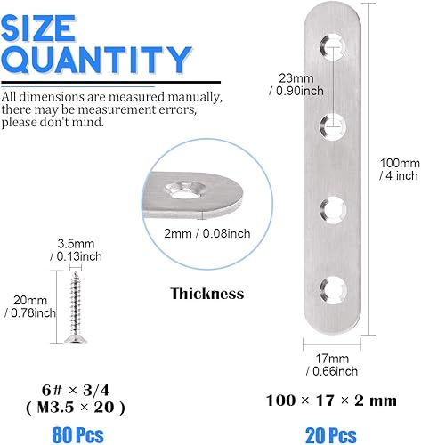 Set di 20 staffe piatte dritte in acciaio inox da 50 mm e 40 viti autofilettanti (50 mm) - Honorern