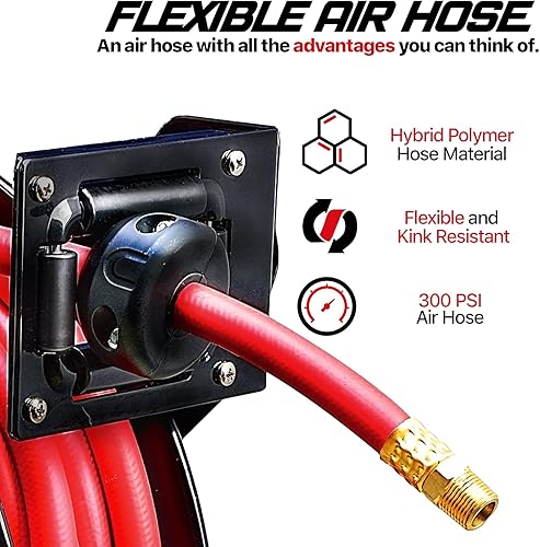 ReelWorks l815153ha Acciaio Retrattile compressore d'Aria/Acqua avvolgitubo con 3/8' x 50' Ibrida Polymer Tubo Flessibile, Max. 300 psi - Honorern