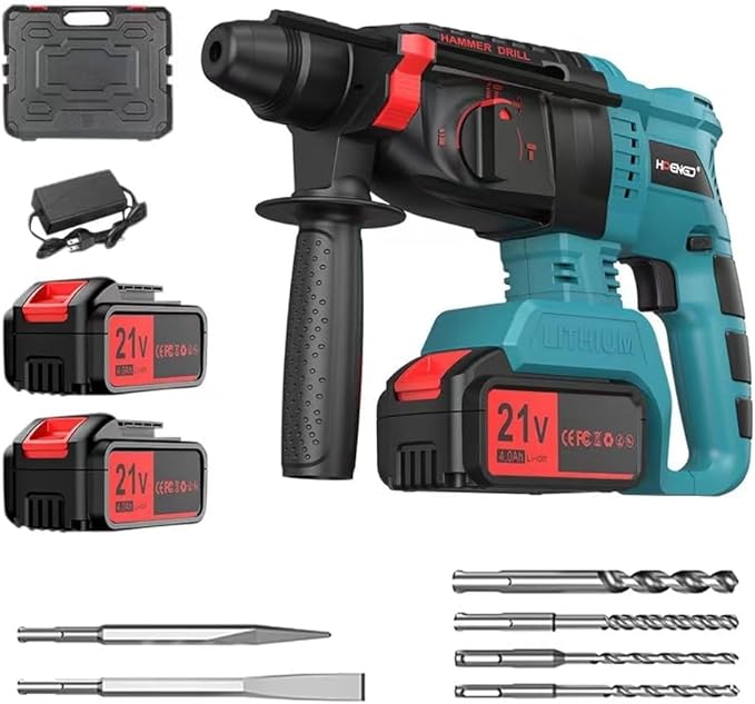 Martello Perforatore a Batteria, Martello Tassellatore a Batteria, Martello Demolitore con Frizione di Sicurezza e Controllo delle Vibrazioni, 4 in 1 Funzion, 2 * 4000mAh Batteria - Honorern