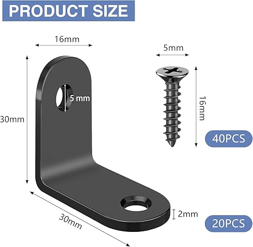 20 Pezzi Squadrette Angolari Staffe a L 30 x 30 mm 90 Gradi Angolo Retto Staffe Staffa Angolare con Vite Squadrette per Mobili Tavolo Sedia Librerie Armadi Montaggio a Parete Installazione (Nero) - Honorern
