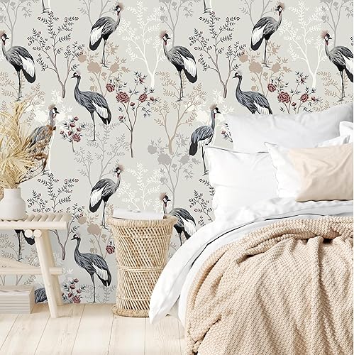 Carta da Parati Floreale Grigia Beige Carta Adesiva per Mobili Fantasia Uccellini Cineseria Carta da Parati Foglie Tropicali Albero Jungle Fotomurali Camera da Letto Soggiorno 44.5cm×300cm - Honorern