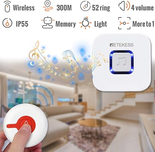Retekess TH102 Wireless Sistema di Chiamata Emergenza, Allarme di Emergenza, Regalo per la festa del papà, Portata di 1000 Piedi, 4 Livelli di Volume SOS per Anziani, Pazienti (2 Pulsanti di Chiamata) - Honorern