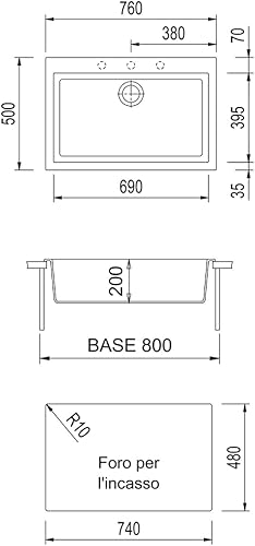 Lavello in quarzo da cucina incasso PLADOS Roxana vasca singola 76cm - Nero Matt - Honorern