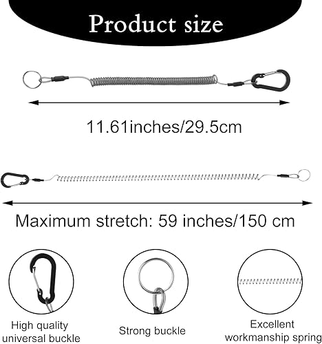 3 portachiavi a spirale, per esterni, cavo a spirale elastico, corda di sicurezza retrattile, corda di supporto per canna da pesca, accessori con clip in lega di alluminio per pinze (nero) - Honorern