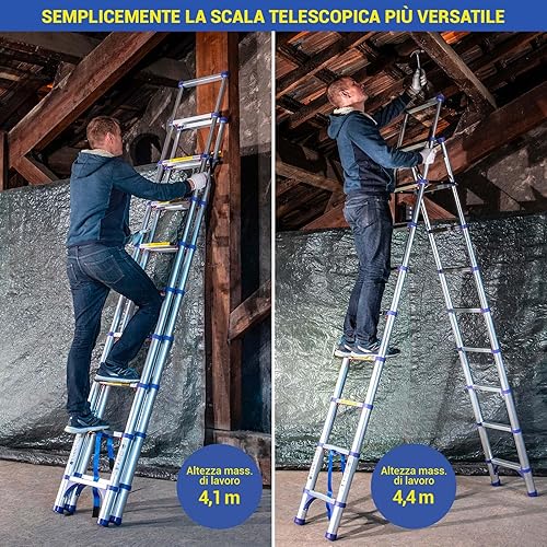 Scala telescopica a 10 gradini EXTENDACT10, Scala telescopica 2,9m+2,6m, scala pieghevole telescopica, Alt. max lavoro 4,4m, Garanzia 5 anni, Hostrom - Honorern
