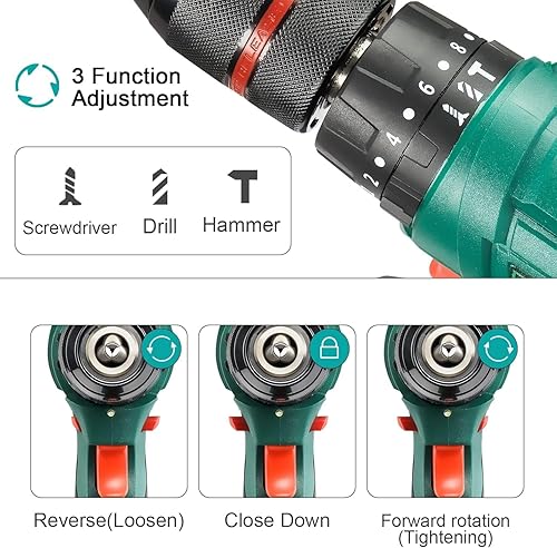 Trapano Avvitatore a Batteria con Percussione Doppia Batteria 68V 5000mAh Mandrino in Metallo da 13mm Doppia Velocità 0-350/0-1200 RPM con Luce LED + Accessori è Valigetta - Honorern