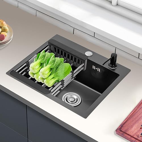 Lavello da incasso, in acciaio inox, 40 x 45 cm, colore nero, con scarico + dispenser di sapone nero, per esterni e balconi. - Honorern